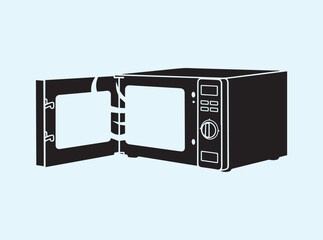 Microwave Silhouette with Open Door and Steam on White Background
