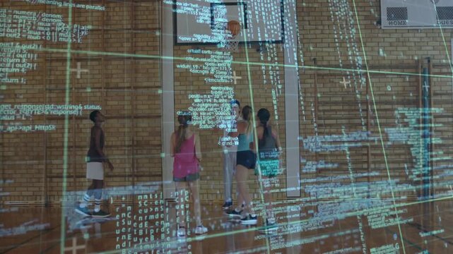 Male teen shooting to rim, coach handling ball for sports drill, code overlay sweeping over group