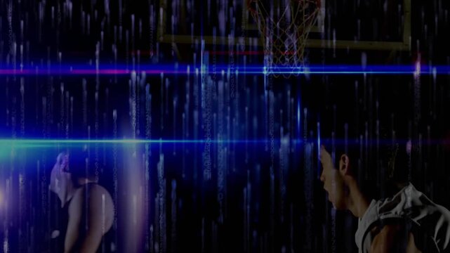 Two players leaping contesting scoring as shooter releasing ball to hoop blue flares raining sports