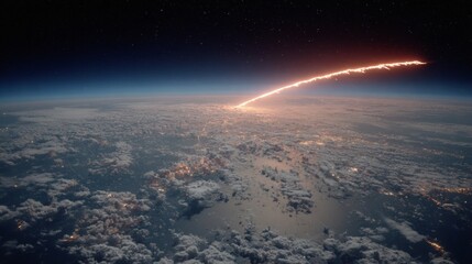 Celestial ventures: a rocket's glorious launch into the darkening sky. Modern design. Spectacular rocket launch at twilight with stars and a vivid exhaust plume. Product showcase. Luxury style.