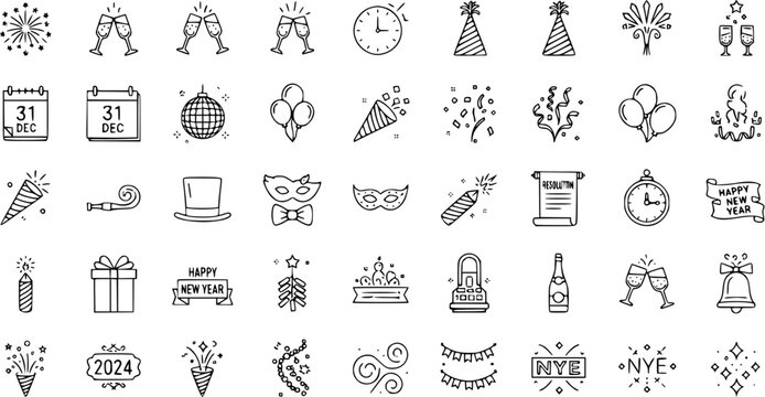 New Year's Eve Line Icons Set. Celebration Party Symbols: Fireworks, Champagne, Clock, Calendar, Hats, Masks, Confetti, Bells, 2024, NYE, Resolutions.