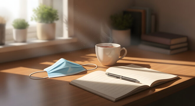 Cozy morning scene with hot tea, journal, pen, and face mask evokes relaxation and reflection during quiet time at home perfect for mindful self-care and staying connected