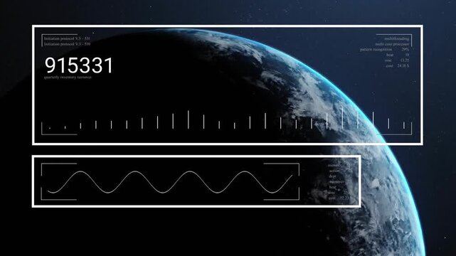 Empty boxes appearing and starting scan, planet rotating while HUD elements updating then resetting - Powered by Adobe