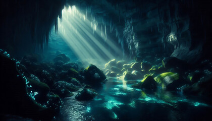 A cave illuminated by soft light beams, creating a serene atmosphere and highlighting the natural beauty of the rocks and water.