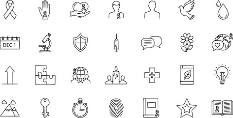 World AIDS Day Line Icon Set: Awareness Symbols for Support, Prevention, and Remembrance