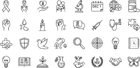Fototapeta premium AIDSHIV Awareness Line Art Icon Set: Support, Prevention, Research Solidarity