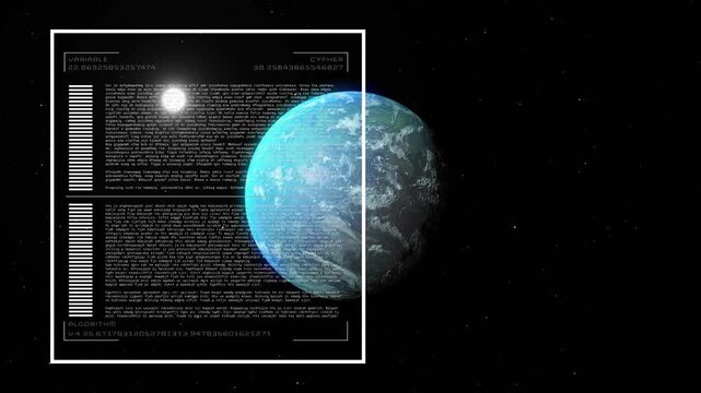 HUD appearing, overlay loading and bars filling while planet rotating showing system readout