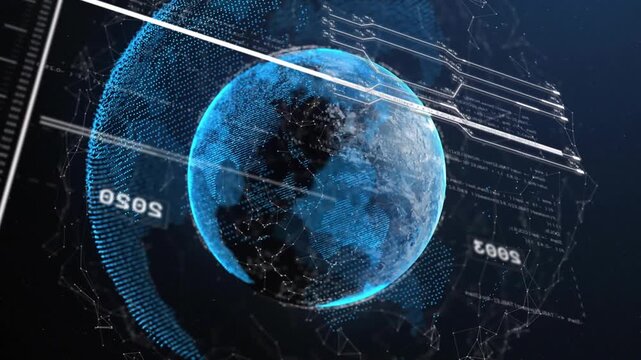Angled scan line sweeping, data globe rotating and changing, HUD panels extending, showing timeline