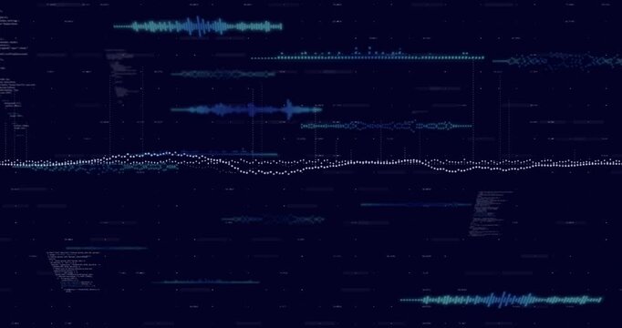 Audio pulse arriving dotted waveform expanding, forming cyan blobs and EQ bars showing spectrum