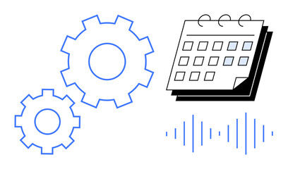 Interlocking gears, a calendar, and a soundwave represent workflow, time management, and communication. Ideal for productivity, planning, automation, collaboration teamwork technology