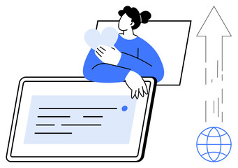 Person hugging heart shape above large tablet screen, arrow representing growth, globe symbolizing connectivity. Ideal for technology, communication, love, growth, global reach, success compassion