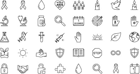 AIDS Awareness Icon Set: Line Art Symbols for Prevention, Research, and Support