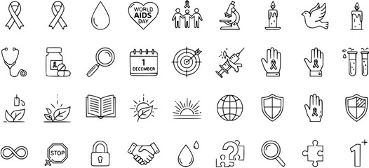 Set of Outline Icons on Theme of World AIDS Day, Prevention, Health, and Awareness