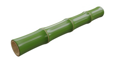 A single segment of vibrant green bamboo stalk with distinct nodes and a hollow interior isolated on transparent background