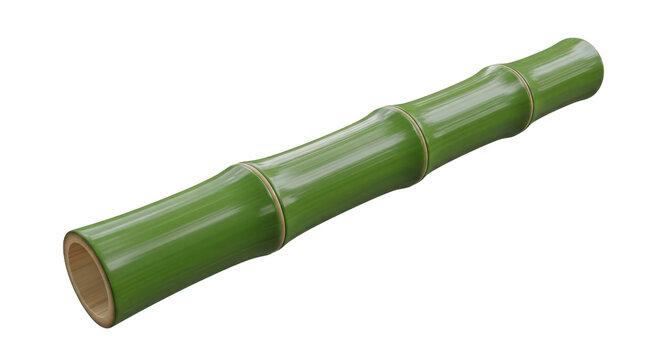 A single segment of vibrant green bamboo stalk with distinct nodes and a hollow interior isolated on transparent background