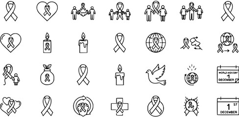 Collection of AIDS Awareness Icons: Ribbon, Heart, Globe, Candle, People, Dove and Calendar for World AIDS Day on December 1st