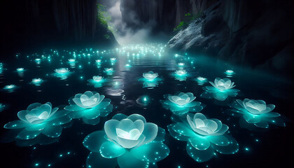 A glowing lotus flower floating on water in a dark cave, illuminated by soft light, creating a serene and mystical atmosphere.