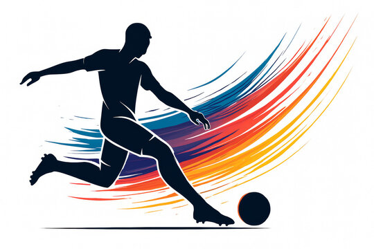 Dynamic Soccer Player Silhouette Kicking Ball with Colorful Abstract Background Design for Sport and Athletic Events