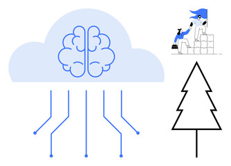 Brain integrated into a cloud with neural connections, person building blocks, tree. Ideal for AI, cloud computing, teamwork, innovation, education, sustainability simple flat metaphor