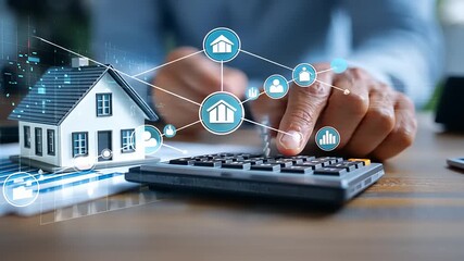 Person calculating home finances with digital icons representing real estate and networking - Powered by Adobe