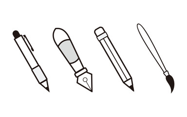 Icon set of stationery containing pen, pencil, and brush black and white vector illustration