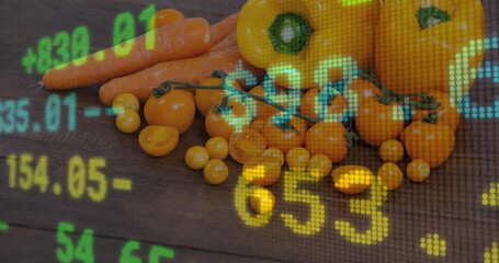 Pixelated ticker starting to scroll across orange produce, displaying price shifts and symbols - Powered by Adobe