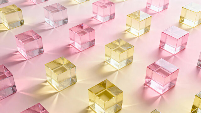 Arrangement of transparent pink and yellow cubic blocks on a gradient background