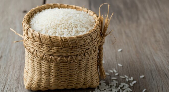 Saco de arroz de paja tradicional sobre fondo blanco