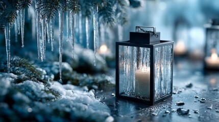 Winter glow: lantern and fir branches in sunlit snow. Fashion editorial. Sparkling icicles and lantern: a symphony of winter radiance. Premium design. Elegant outfit.