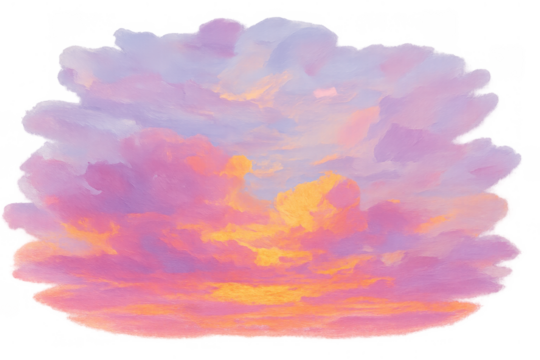 Painted sunset sky clouds with pastel pink and orange hues featuring soft artistic brushstrokes and transparent background