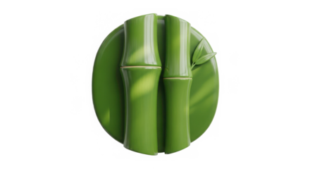 Two vibrant green bamboo stalks with segmented joints resting on a large green leaf isolated on transparent background