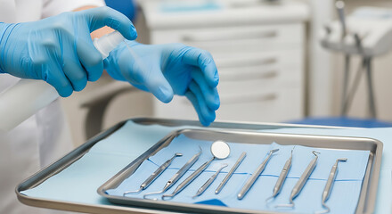 Dental professional in blue gloves sanitizing instruments with disinfectant spray for hygiene and patient safety in a clinic.