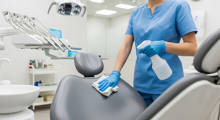 Healthcare professional disinfecting dental chair with spray bottle and cloth in modern clinic for hygiene and patient safety