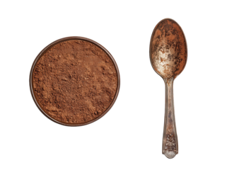 Ground coffee in a bowl with a spoon isolated on transparent background, showcasing the rich aroma and texture for coffee lovers and culinary enthusiasts