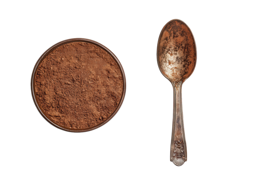 Ground coffee in a bowl with a spoon isolated on transparent background, showcasing the rich aroma and texture for coffee lovers and culinary enthusiasts