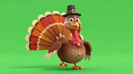 Animated cartoon turkey wearing a pilgrim hat dancing happily with colorful tail feathers on a bright green background