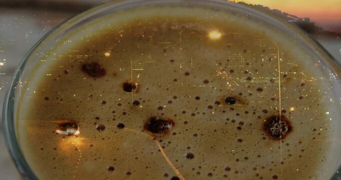 Subtle camera shifting showing glass coffee cup, lights casting shifting highlights, showing crema