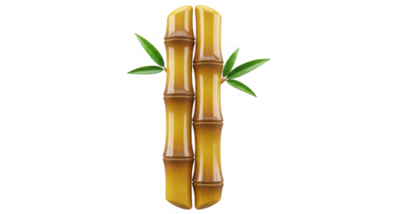 Close up of a segment of golden bamboo stalks with green leaves isolated on transparent background