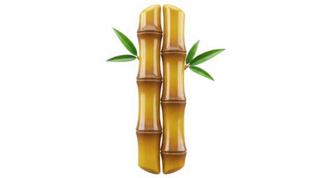 Close up of a segment of golden bamboo stalks with green leaves isolated on transparent background