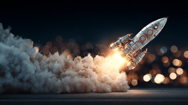 Beyond horizons: the rocket that lit up the heavens. Futuristic consciousness. A silver rocket's fiery launch into the vast skies. Human machine. Synthetic life.