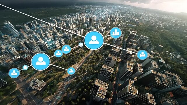 Aerial view of a modern cityscape with digital connectivity icons illustrating networking and urban life - Powered by Adobe