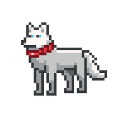 Pixel art wolf icon with blue eyes and red collar. Vector illustration