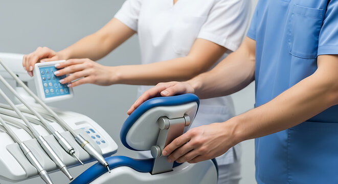 Dental professionals setting up clinic equipment. Healthcare team preparing chair and instruments for patient examination.