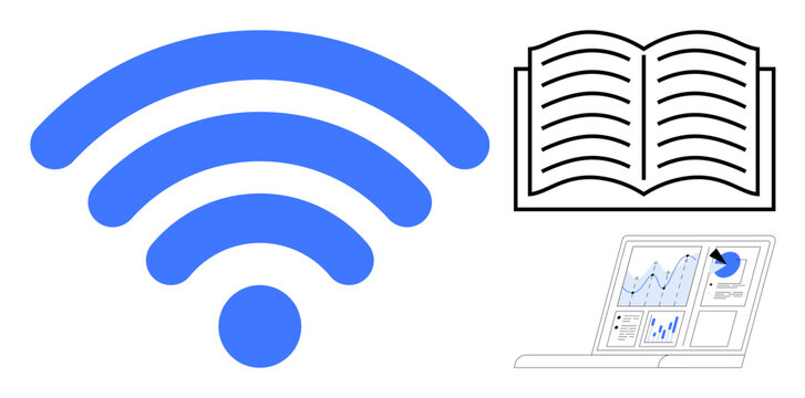 Blue wireless icon, open book, and laptop screen with analytics charts suggest online learning, communication, and data sharing. Ideal for education, technology, innovation, research knowledge