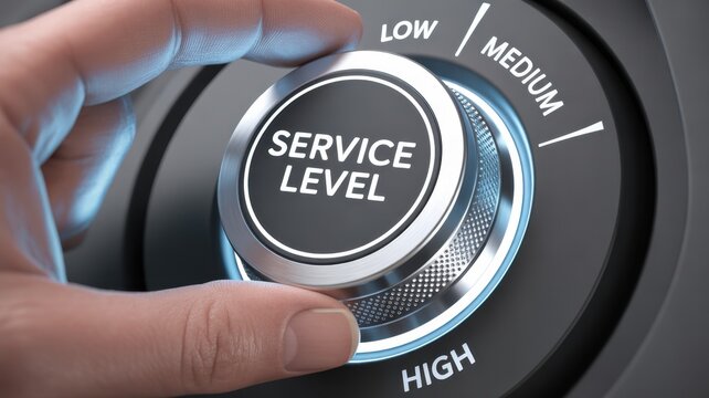Service Level Control: A hand manipulates a service level dial, emphasizing control over customer experience and operational efficiency, indicating precise management.