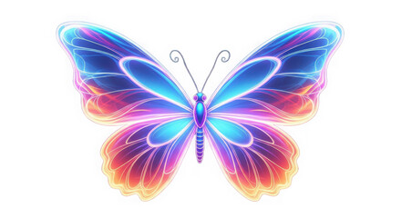 Vibrant glowing ethereal butterfly with translucent wings in neon colors of blue pink and orange isolated on transparent background