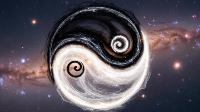 Balanced cosmic energy a visualization of yin yang against a celestial backdrop with swirling