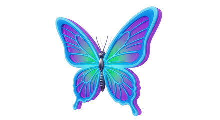 Vibrant iridescent butterfly with glowing neon blue and purple wings spread open isolated on transparent background
