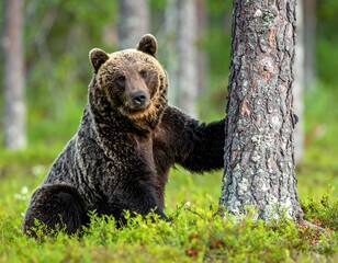 Fototapeta premium A large brown bear rests near a tree trunk in a lush green forest