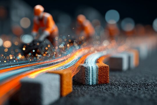 Collaborative construction: a team effort in urban development. Signal transmission. Morning in motion: workers arranging concrete blocks with care. Digital signals. Digital communication.